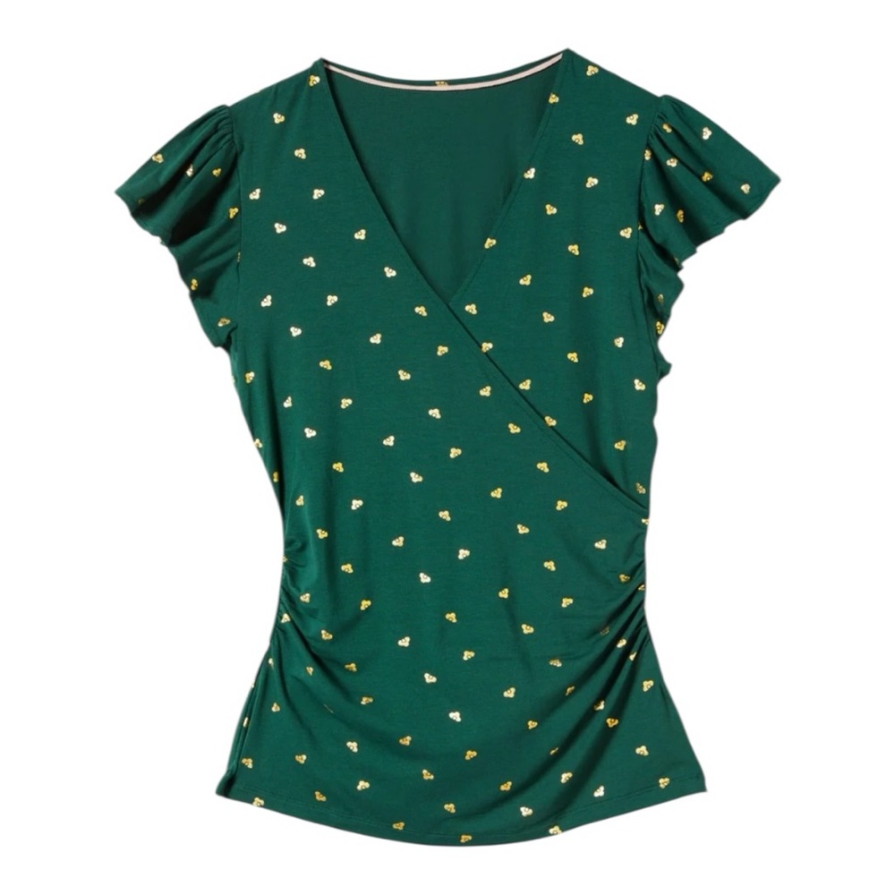 LN Boden Metallic Gold Flutter Sleeve Wrap Top in Trekking Green Space Bud - 6